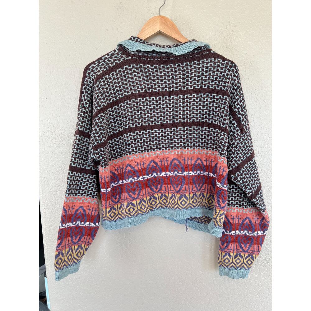 Vintage Boho Knit Cardigan Sweater Eclectic Large Colorful Teal Brown - Picture 7 of 8